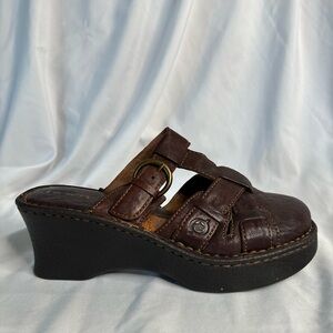 Born Brown Leather Wedge Shoes with Buckle Detail
